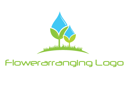 water drop merge with plant over grass logo