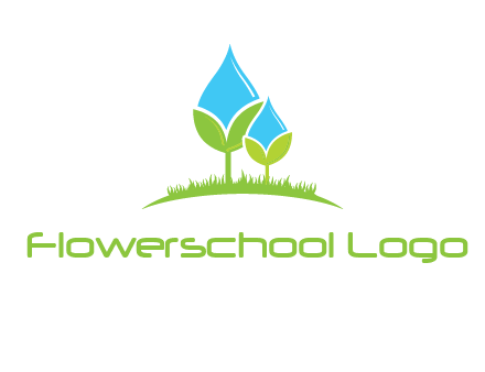water drop merge with plant over grass logo