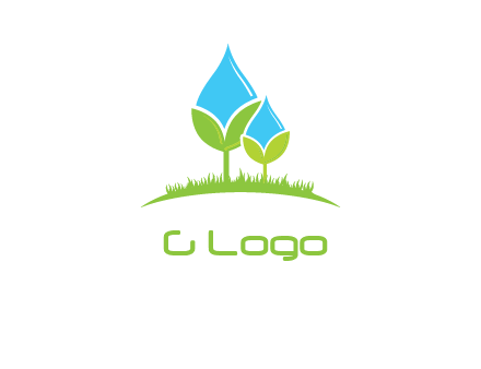 water drop merge with plant over grass logo