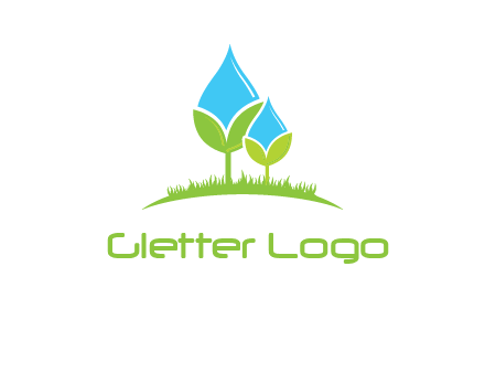 water drop merge with plant over grass logo