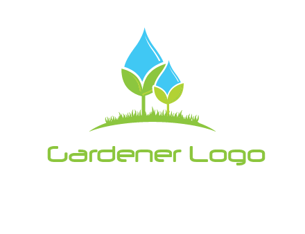 water drop merge with plant over grass logo