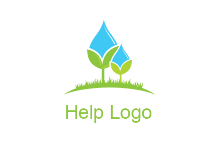 water drop merge with plant over grass logo