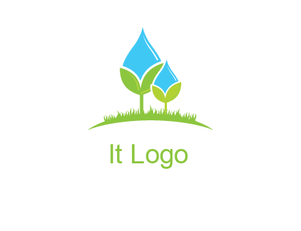 water drop merge with plant over grass logo