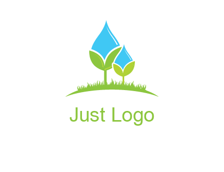 water drop merge with plant over grass logo