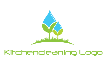 water drop merge with plant over grass logo