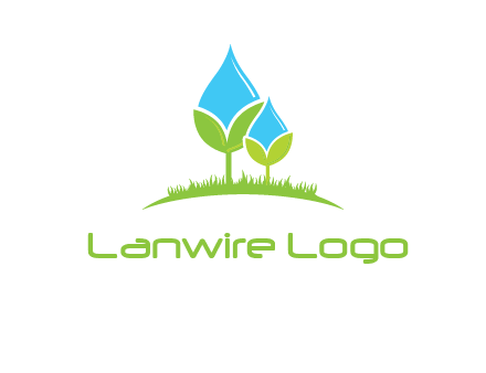 water drop merge with plant over grass logo