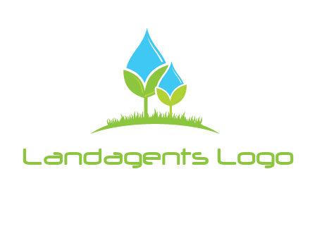 water drop merge with plant over grass logo