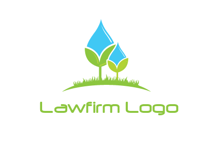 water drop merge with plant over grass logo