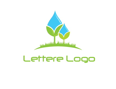 water drop merge with plant over grass logo