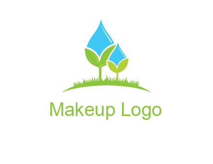 water drop merge with plant over grass logo