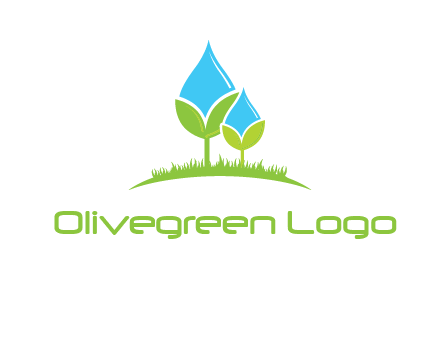 water drop merge with plant over grass logo