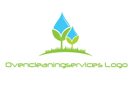 water drop merge with plant over grass logo