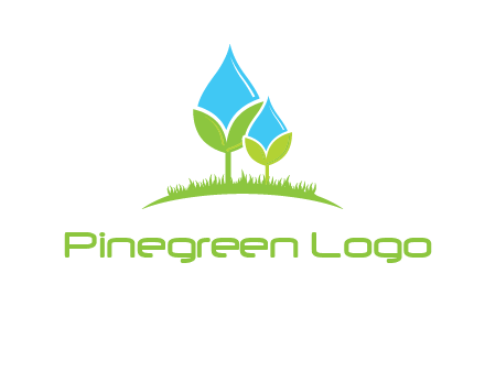 water drop merge with plant over grass logo