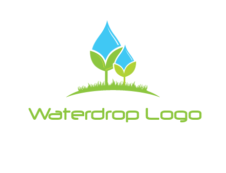 water drop merge with plant over grass logo