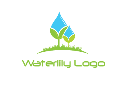 water drop merge with plant over grass logo