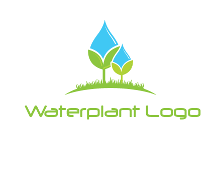 water drop merge with plant over grass logo
