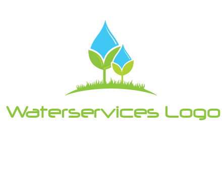 water drop merge with plant over grass logo