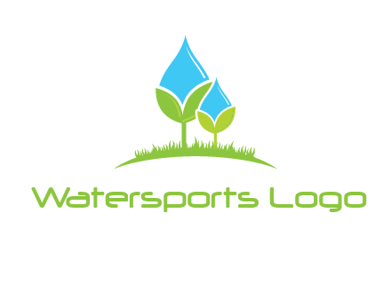 water drop merge with plant over grass logo