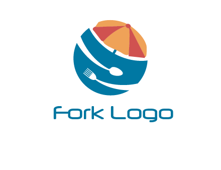 beach umbrella, fork and spoon in a circle logo