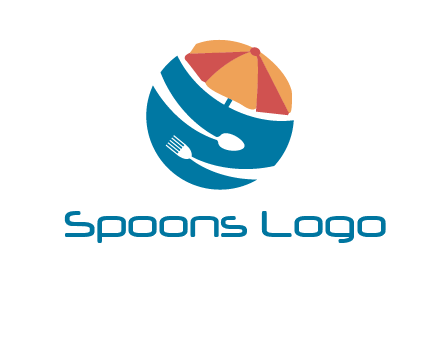 beach umbrella, fork and spoon in a circle logo