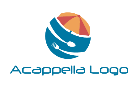 beach umbrella, fork and spoon in a circle logo