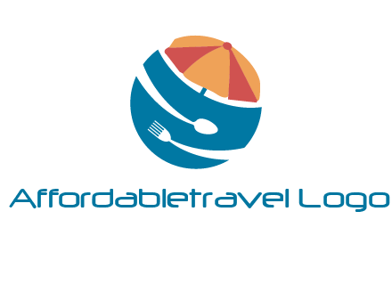 beach umbrella, fork and spoon in a circle logo