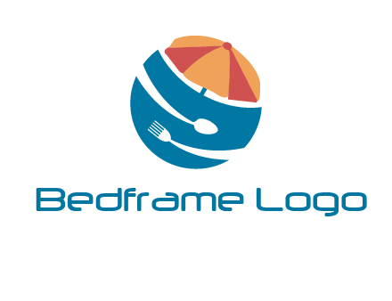 beach umbrella, fork and spoon in a circle logo