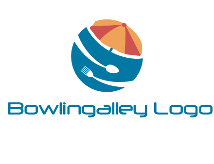 beach umbrella, fork and spoon in a circle logo