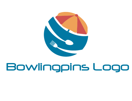 beach umbrella, fork and spoon in a circle logo
