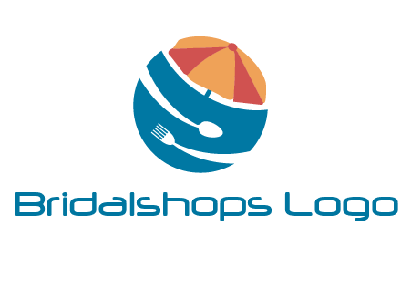 beach umbrella, fork and spoon in a circle logo