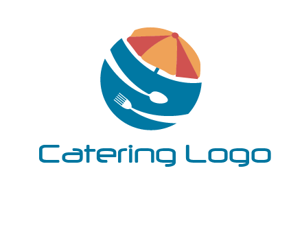 beach umbrella, fork and spoon in a circle logo
