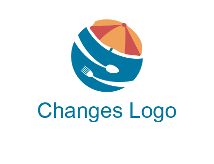 beach umbrella, fork and spoon in a circle logo