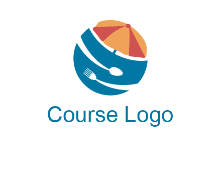 beach umbrella, fork and spoon in a circle logo