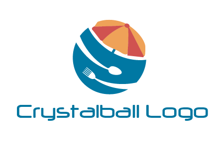 beach umbrella, fork and spoon in a circle logo