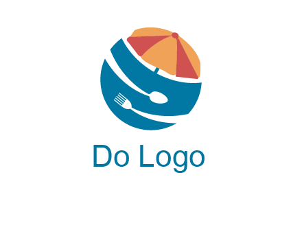 beach umbrella, fork and spoon in a circle logo