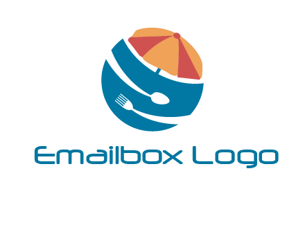 beach umbrella, fork and spoon in a circle logo