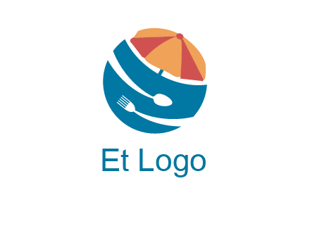 beach umbrella, fork and spoon in a circle logo