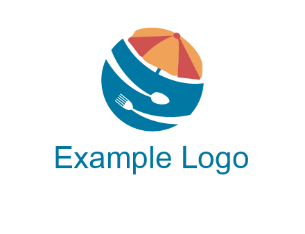 beach umbrella, fork and spoon in a circle logo