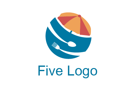 beach umbrella, fork and spoon in a circle logo