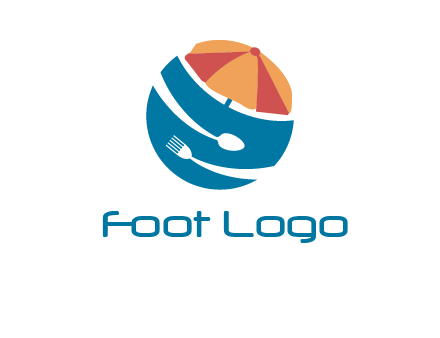 beach umbrella, fork and spoon in a circle logo