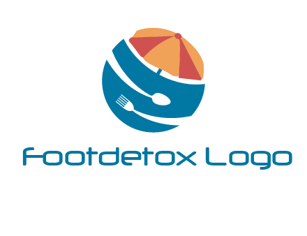beach umbrella, fork and spoon in a circle logo