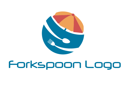 beach umbrella, fork and spoon in a circle logo