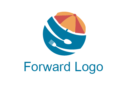beach umbrella, fork and spoon in a circle logo