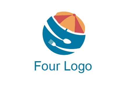 beach umbrella, fork and spoon in a circle logo