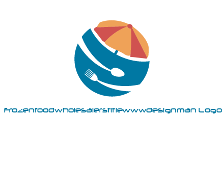 beach umbrella, fork and spoon in a circle logo