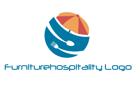 beach umbrella, fork and spoon in a circle logo