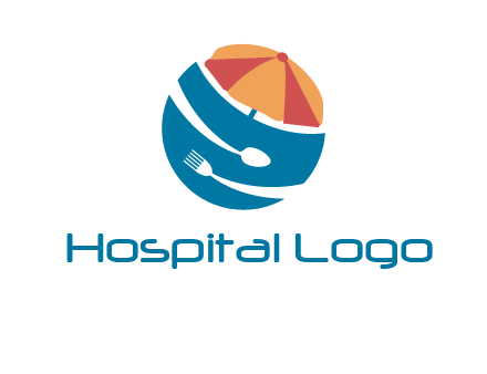 beach umbrella, fork and spoon in a circle logo