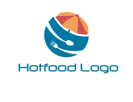 beach umbrella, fork and spoon in a circle logo