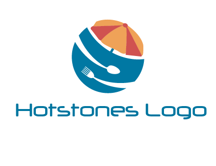 beach umbrella, fork and spoon in a circle logo