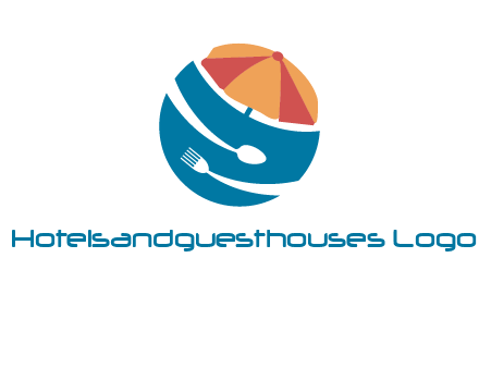 beach umbrella, fork and spoon in a circle logo